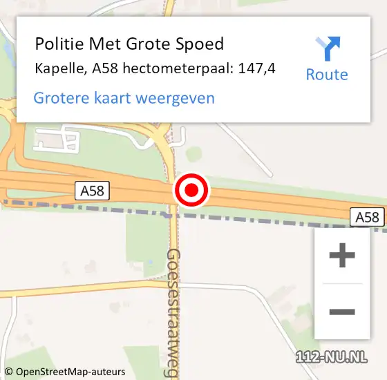Locatie op kaart van de 112 melding: Politie Met Grote Spoed Naar Kapelle, A58 hectometerpaal: 147,4 op 12 mei 2024 21:05