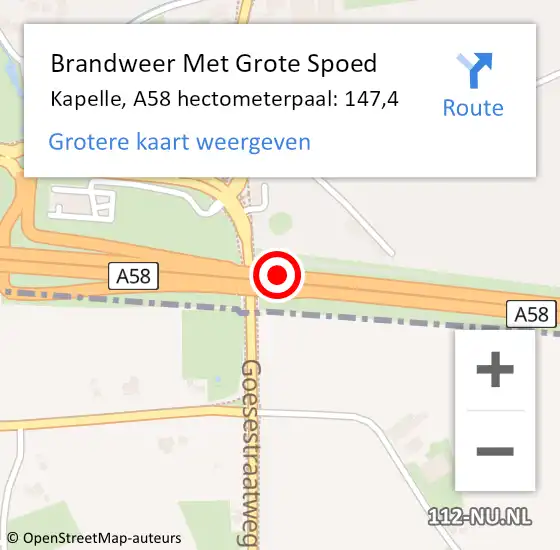 Locatie op kaart van de 112 melding: Brandweer Met Grote Spoed Naar Kapelle, A58 hectometerpaal: 147,4 op 12 mei 2024 21:06