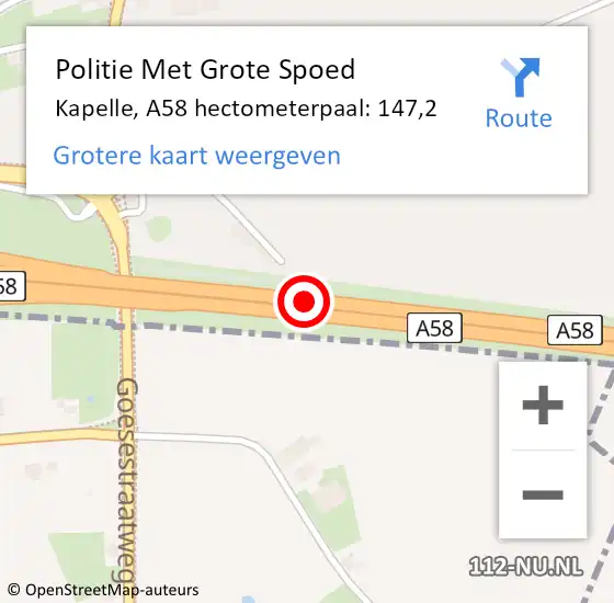 Locatie op kaart van de 112 melding: Politie Met Grote Spoed Naar Kapelle, A58 hectometerpaal: 147,2 op 12 mei 2024 21:06