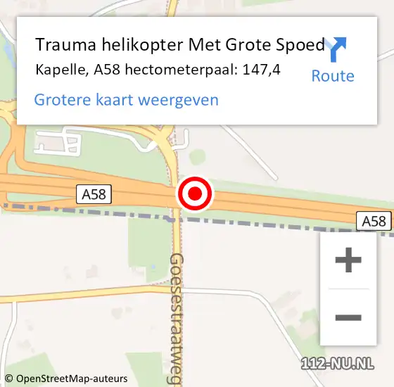Locatie op kaart van de 112 melding: Trauma helikopter Met Grote Spoed Naar Kapelle, A58 hectometerpaal: 147,4 op 12 mei 2024 21:10