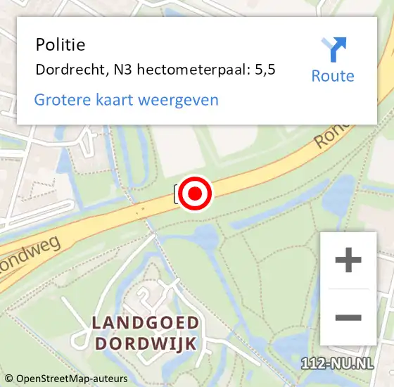 Locatie op kaart van de 112 melding: Politie Dordrecht, N3 hectometerpaal: 5,5 op 12 mei 2024 21:12