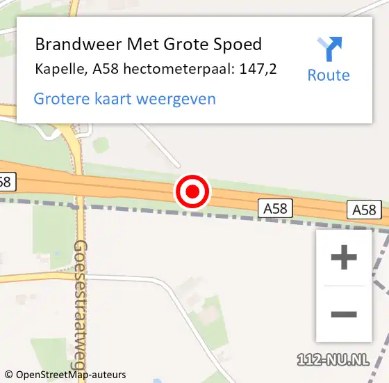Locatie op kaart van de 112 melding: Brandweer Met Grote Spoed Naar Kapelle, A58 hectometerpaal: 147,2 op 12 mei 2024 21:42