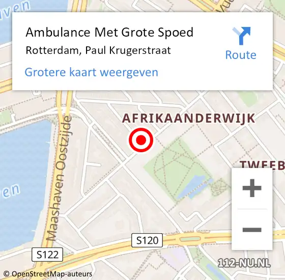 Locatie op kaart van de 112 melding: Ambulance Met Grote Spoed Naar Rotterdam, Paul Krugerstraat op 12 mei 2024 22:04