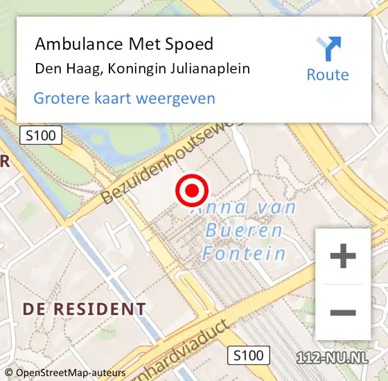 Locatie op kaart van de 112 melding: Ambulance Met Spoed Naar Den Haag, Koningin Julianaplein op 12 mei 2024 22:19