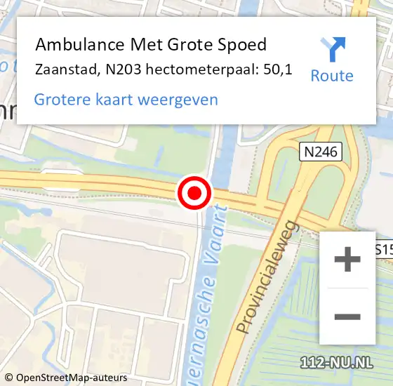 Locatie op kaart van de 112 melding: Ambulance Met Grote Spoed Naar Zaanstad, N203 hectometerpaal: 50,1 op 12 mei 2024 22:39