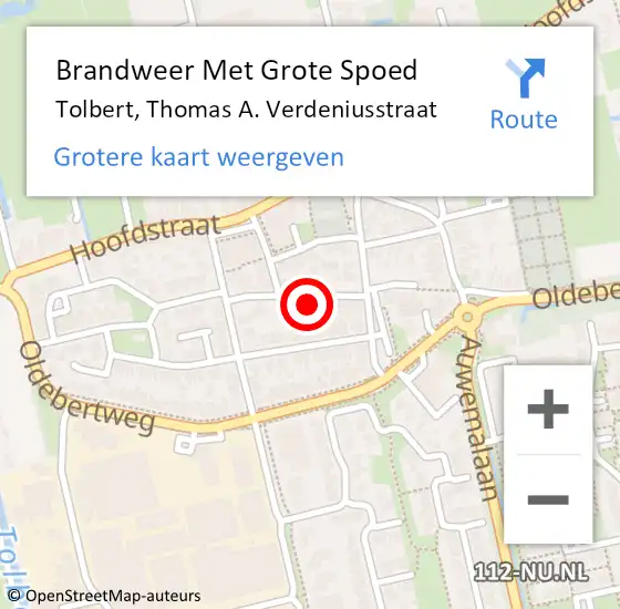 Locatie op kaart van de 112 melding: Brandweer Met Grote Spoed Naar Tolbert, Thomas A. Verdeniusstraat op 12 mei 2024 22:58