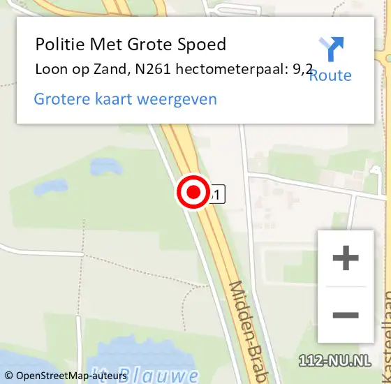 Locatie op kaart van de 112 melding: Politie Met Grote Spoed Naar Loon op Zand, N261 hectometerpaal: 9,2 op 12 mei 2024 23:46