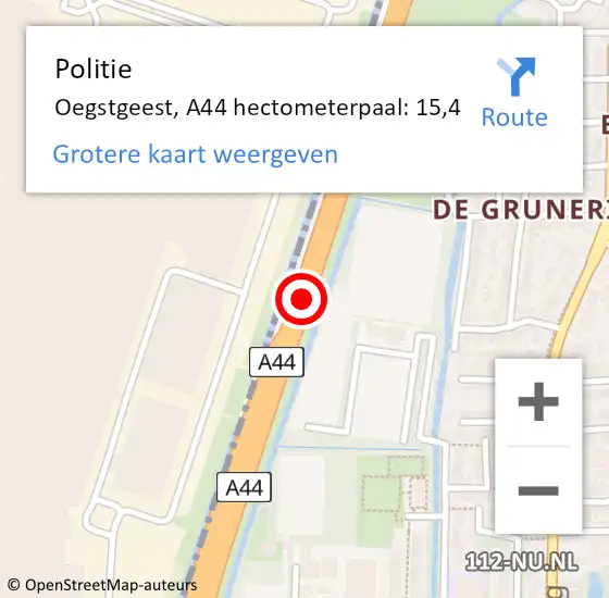 Locatie op kaart van de 112 melding: Politie Oegstgeest, A44 hectometerpaal: 15,4 op 13 mei 2024 00:37