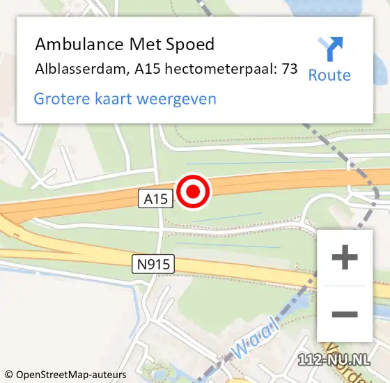 Locatie op kaart van de 112 melding: Ambulance Met Spoed Naar Alblasserdam, A15 hectometerpaal: 73 op 13 mei 2024 04:18