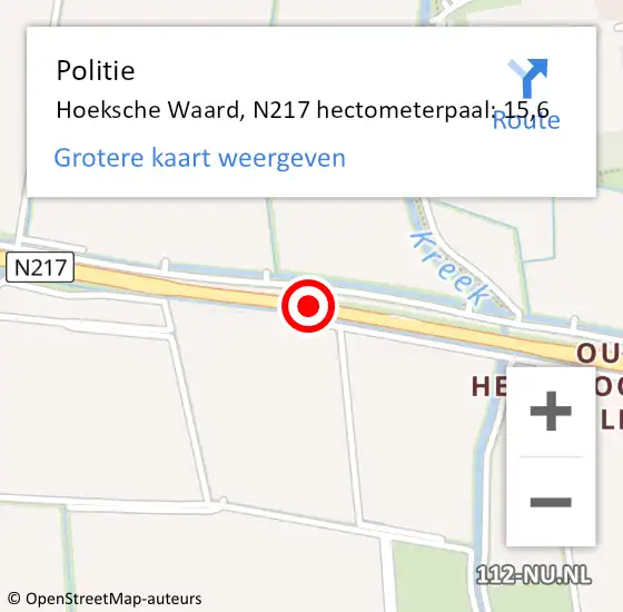 Locatie op kaart van de 112 melding: Politie Hoeksche Waard, N217 hectometerpaal: 15,6 op 13 mei 2024 07:19