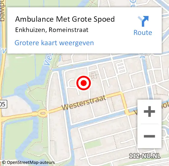 Locatie op kaart van de 112 melding: Ambulance Met Grote Spoed Naar Enkhuizen, Romeinstraat op 13 mei 2024 08:13