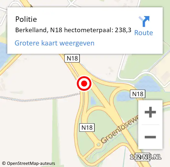 Locatie op kaart van de 112 melding: Politie Berkelland, N18 hectometerpaal: 238,3 op 13 mei 2024 09:08