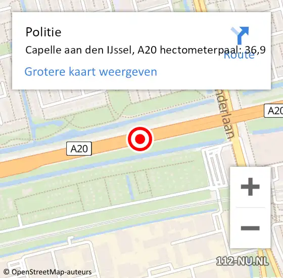 Locatie op kaart van de 112 melding: Politie Capelle aan den IJssel, A20 hectometerpaal: 36,9 op 13 mei 2024 09:14