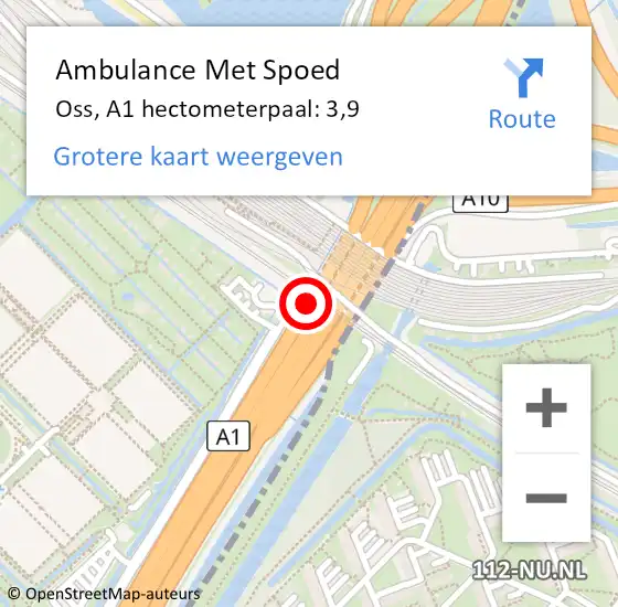 Locatie op kaart van de 112 melding: Ambulance Met Spoed Naar Oss, A1 hectometerpaal: 3,9 op 13 mei 2024 09:28
