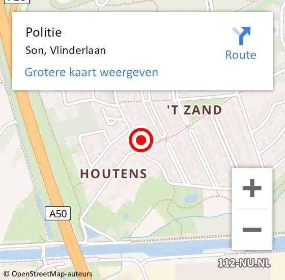Locatie op kaart van de 112 melding: Politie Son, Vlinderlaan op 13 mei 2024 09:28