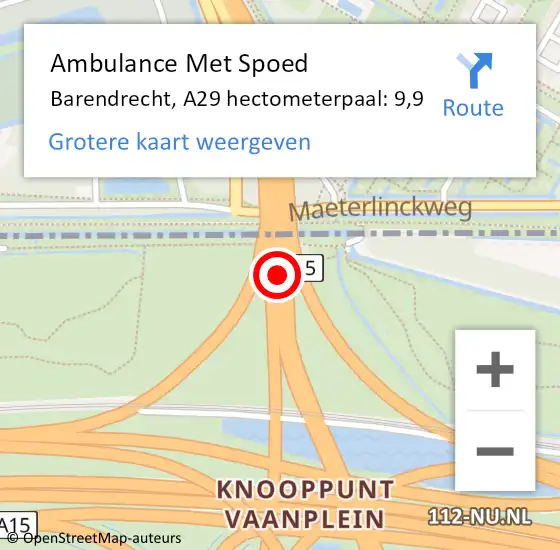 Locatie op kaart van de 112 melding: Ambulance Met Spoed Naar Barendrecht, A29 hectometerpaal: 9,9 op 13 mei 2024 11:08