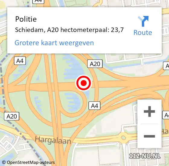Locatie op kaart van de 112 melding: Politie Schiedam, A20 hectometerpaal: 23,7 op 13 mei 2024 12:21