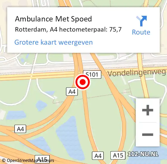 Locatie op kaart van de 112 melding: Ambulance Met Spoed Naar Rotterdam, A4 hectometerpaal: 75,7 op 13 mei 2024 12:25