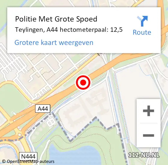 Locatie op kaart van de 112 melding: Politie Met Grote Spoed Naar Teylingen, A44 hectometerpaal: 12,5 op 13 mei 2024 12:32