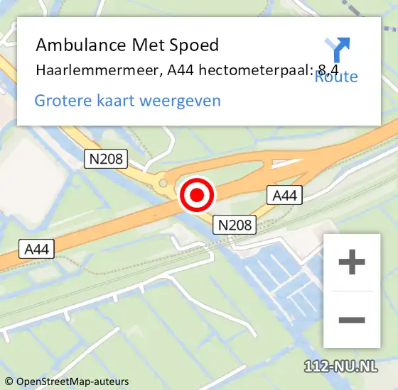 Locatie op kaart van de 112 melding: Ambulance Met Spoed Naar Haarlemmermeer, A44 hectometerpaal: 8,4 op 13 mei 2024 12:44