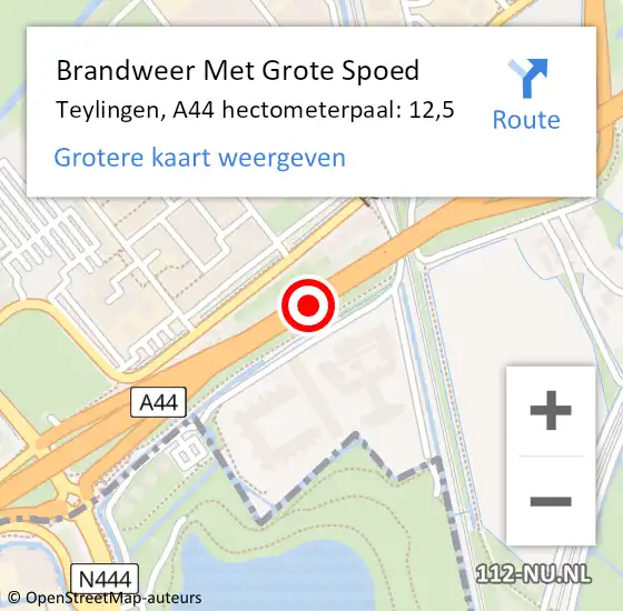 Locatie op kaart van de 112 melding: Brandweer Met Grote Spoed Naar Teylingen, A44 hectometerpaal: 12,5 op 13 mei 2024 12:47