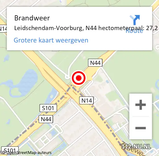 Locatie op kaart van de 112 melding: Brandweer Leidschendam-Voorburg, N44 hectometerpaal: 27,2 op 13 mei 2024 12:47