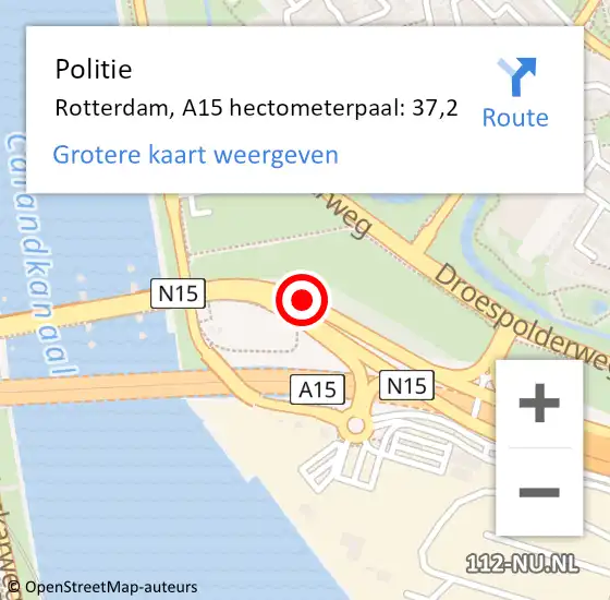 Locatie op kaart van de 112 melding: Politie Rotterdam, A15 hectometerpaal: 37,2 op 13 mei 2024 13:50