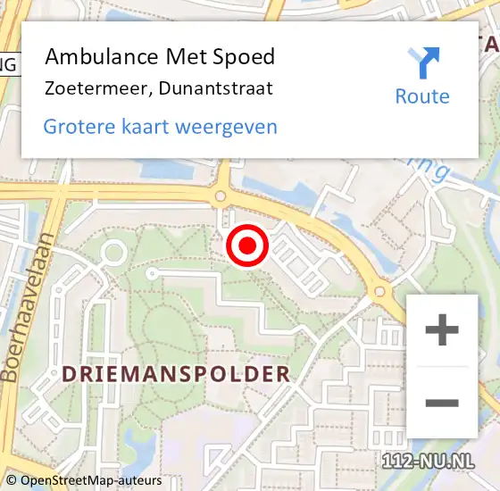 Locatie op kaart van de 112 melding: Ambulance Met Spoed Naar Zoetermeer, Dunantstraat op 13 mei 2024 13:53