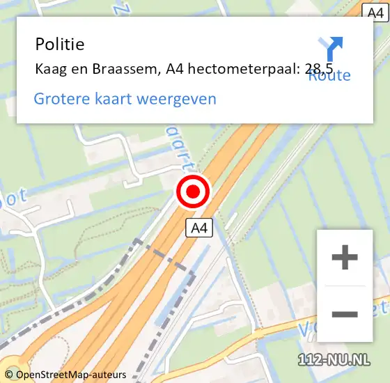 Locatie op kaart van de 112 melding: Politie Kaag en Braassem, A4 hectometerpaal: 28,5 op 13 mei 2024 14:34