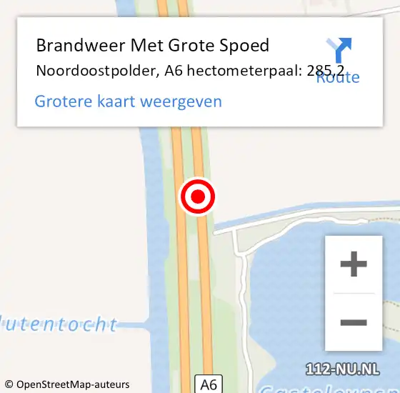 Locatie op kaart van de 112 melding: Brandweer Met Grote Spoed Naar Noordoostpolder, A6 hectometerpaal: 285,2 op 13 mei 2024 14:50