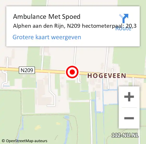 Locatie op kaart van de 112 melding: Ambulance Met Spoed Naar Alphen aan den Rijn, N209 hectometerpaal: 20,3 op 13 mei 2024 15:32