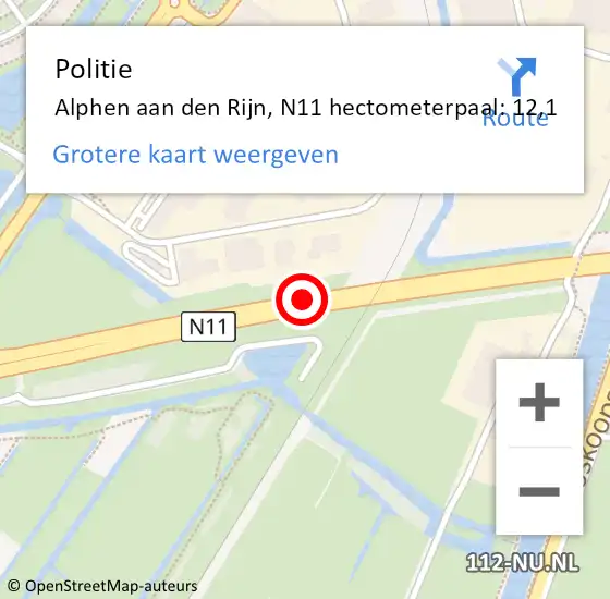 Locatie op kaart van de 112 melding: Politie Alphen aan den Rijn, N11 hectometerpaal: 12,1 op 13 mei 2024 15:37