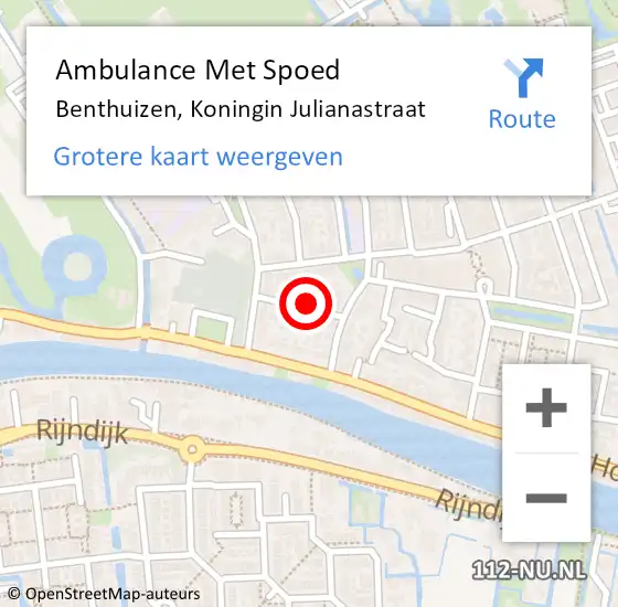 Locatie op kaart van de 112 melding: Ambulance Met Spoed Naar Benthuizen, Koningin Julianastraat op 13 mei 2024 15:51