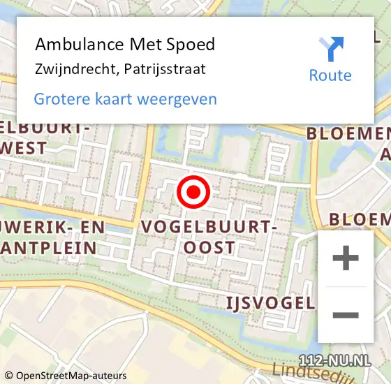 Locatie op kaart van de 112 melding: Ambulance Met Spoed Naar Zwijndrecht, Patrijsstraat op 13 mei 2024 16:42