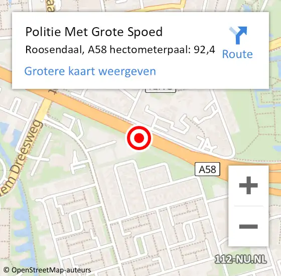 Locatie op kaart van de 112 melding: Politie Met Grote Spoed Naar Roosendaal, A58 hectometerpaal: 92,4 op 13 mei 2024 16:55