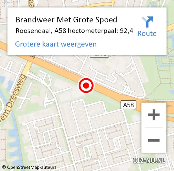 Locatie op kaart van de 112 melding: Brandweer Met Grote Spoed Naar Roosendaal, A58 hectometerpaal: 92,4 op 13 mei 2024 16:56