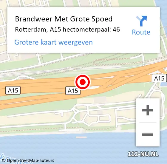 Locatie op kaart van de 112 melding: Brandweer Met Grote Spoed Naar Rotterdam, A15 hectometerpaal: 46 op 13 mei 2024 17:00