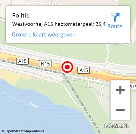 Locatie op kaart van de 112 melding: Politie Westvoorne, A15 hectometerpaal: 25,4 op 13 mei 2024 17:44
