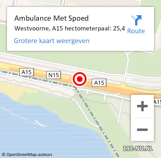 Locatie op kaart van de 112 melding: Ambulance Met Spoed Naar Westvoorne, A15 hectometerpaal: 25,4 op 13 mei 2024 17:47