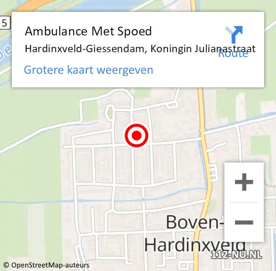 Locatie op kaart van de 112 melding: Ambulance Met Spoed Naar Hardinxveld-Giessendam, Koningin Julianastraat op 13 mei 2024 17:58