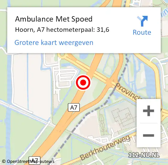 Locatie op kaart van de 112 melding: Ambulance Met Spoed Naar Hoorn, A7 hectometerpaal: 31,6 op 13 mei 2024 18:18