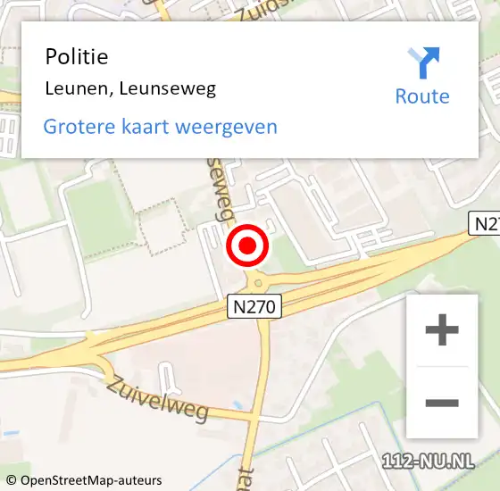 Locatie op kaart van de 112 melding: Politie Leunen, Leunseweg op 13 mei 2024 18:44