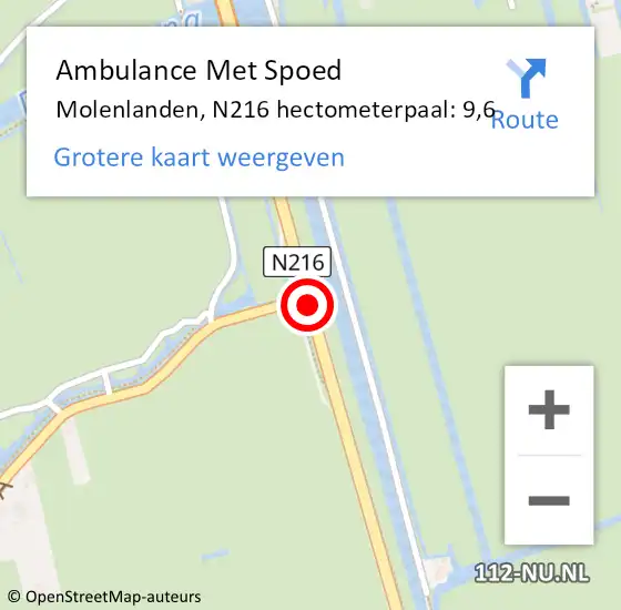 Locatie op kaart van de 112 melding: Ambulance Met Spoed Naar Molenlanden, N216 hectometerpaal: 9,6 op 13 mei 2024 18:44