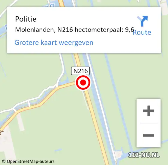 Locatie op kaart van de 112 melding: Politie Molenlanden, N216 hectometerpaal: 9,6 op 13 mei 2024 18:46