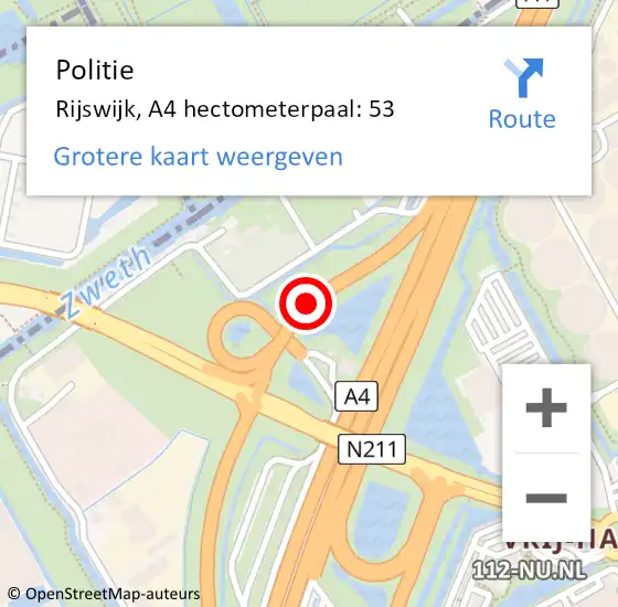 Locatie op kaart van de 112 melding: Politie Rijswijk, A4 hectometerpaal: 53 op 13 mei 2024 18:52