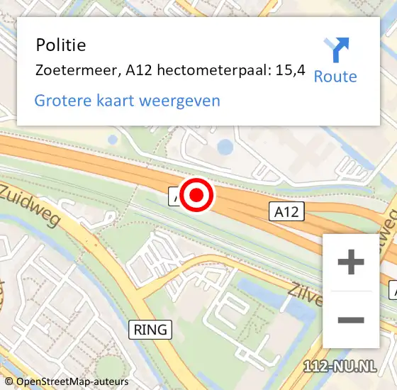 Locatie op kaart van de 112 melding: Politie Zoetermeer, A12 hectometerpaal: 15,4 op 13 mei 2024 19:24
