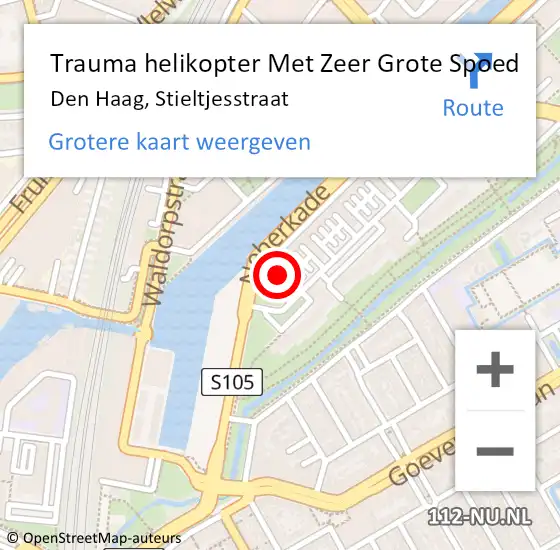 Locatie op kaart van de 112 melding: Trauma helikopter Met Zeer Grote Spoed Naar Den Haag, Stieltjesstraat op 13 mei 2024 19:39