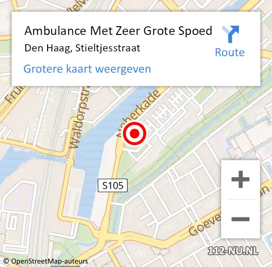 Locatie op kaart van de 112 melding: Ambulance Met Zeer Grote Spoed Naar Den Haag, Stieltjesstraat op 13 mei 2024 19:39