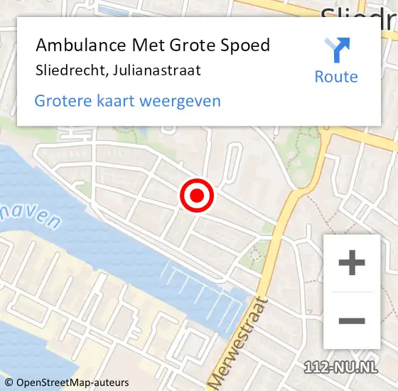 Locatie op kaart van de 112 melding: Ambulance Met Grote Spoed Naar Sliedrecht, Julianastraat op 13 mei 2024 21:52