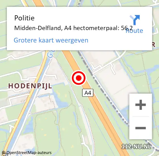 Locatie op kaart van de 112 melding: Politie Midden-Delfland, A4 hectometerpaal: 56,2 op 13 mei 2024 22:33